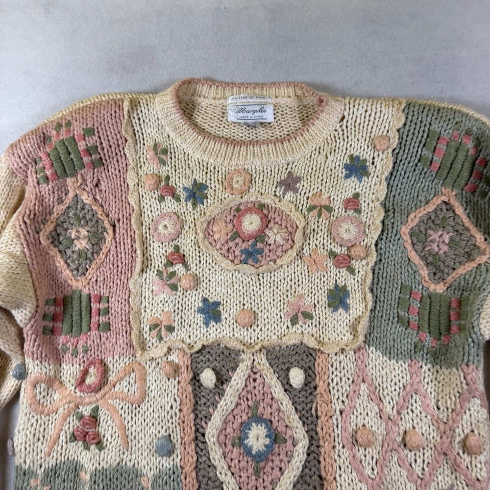 Margules Vintage Hand Knitted Floral Embroidery Sweater Pink Green 18/20